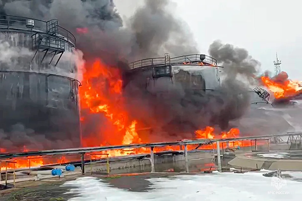 Oil reservoirs in the Bryansk region of Russia on fire after a Ukraine drone attack in January 2024.