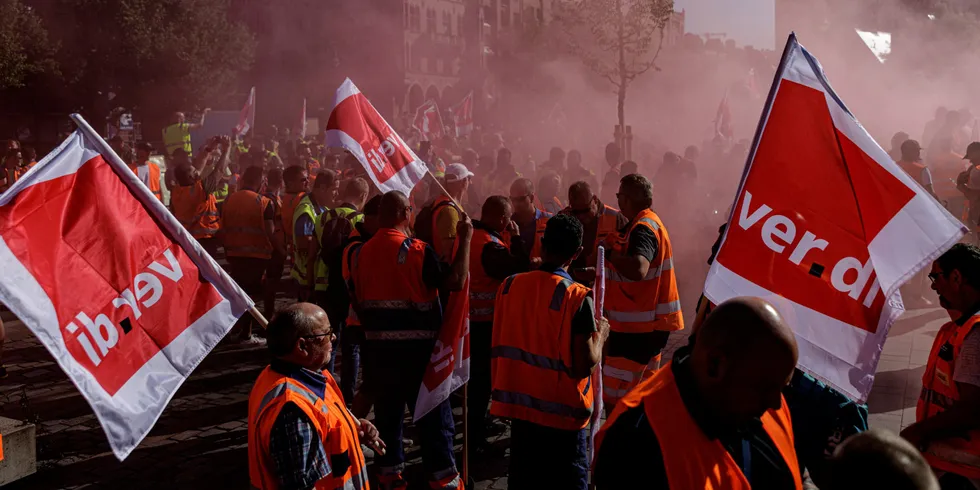 Port workers demonstrate under the slogan ‘stop the inflation monster’ in Hamburg, as the ver.di union calls for a 24-hour strike mirroring actions by their counterparts in the UK and elsewhere.