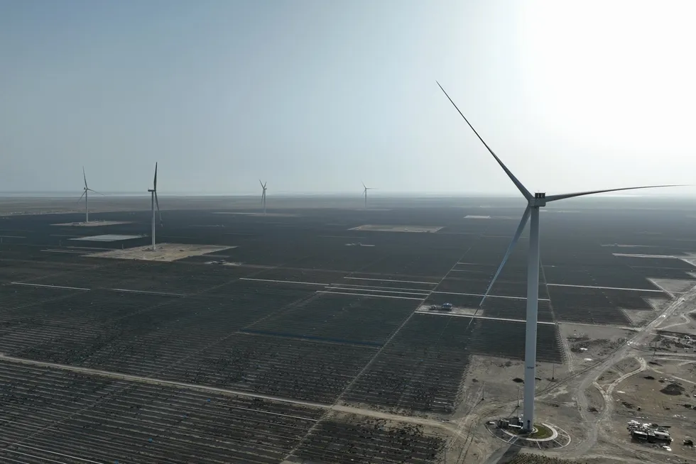 Wind turbines and solar panels at the Kharvda complex in Gujarat state.