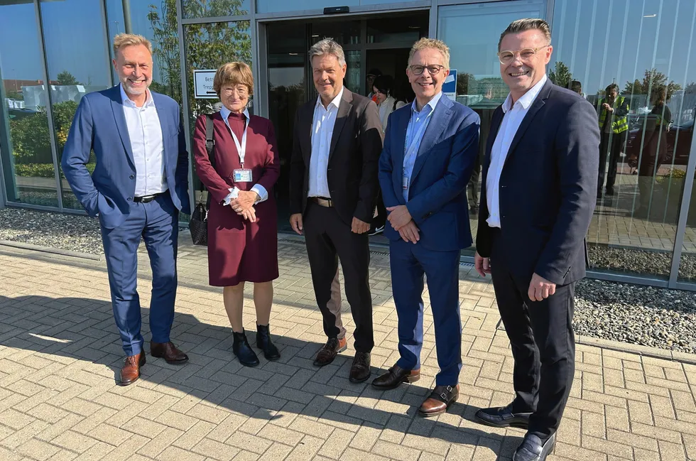 German climate and energy minister Robert Habeck (m) visits Enercon factory in Aurich, Germany.