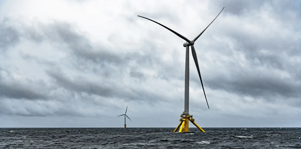 Stiesdal Offshore's TetraSpar floating wind prototype (foreground) with the Zephyros (formerly Hywind Demo) R&D unit at MetCentre in the Norwegian North Sea