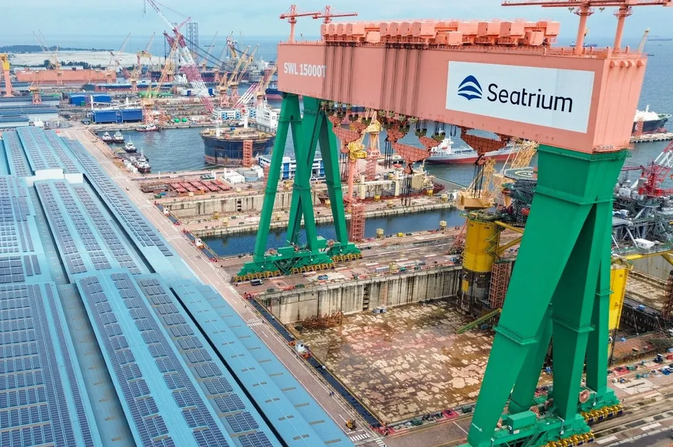 Offshore construction activity at Seatrium's shipyard in Singapore.