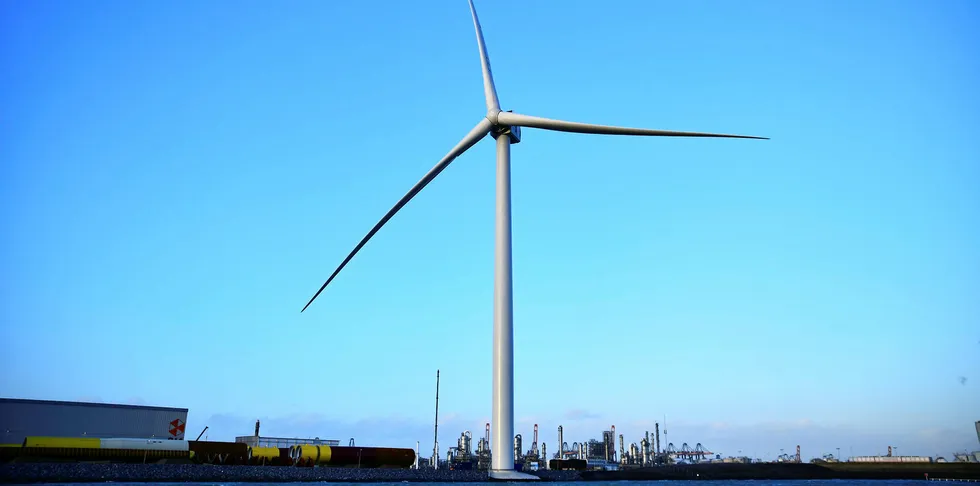 The GE 12MW Haliade-X prototype in the Port of Rotterdam, the Netherlands