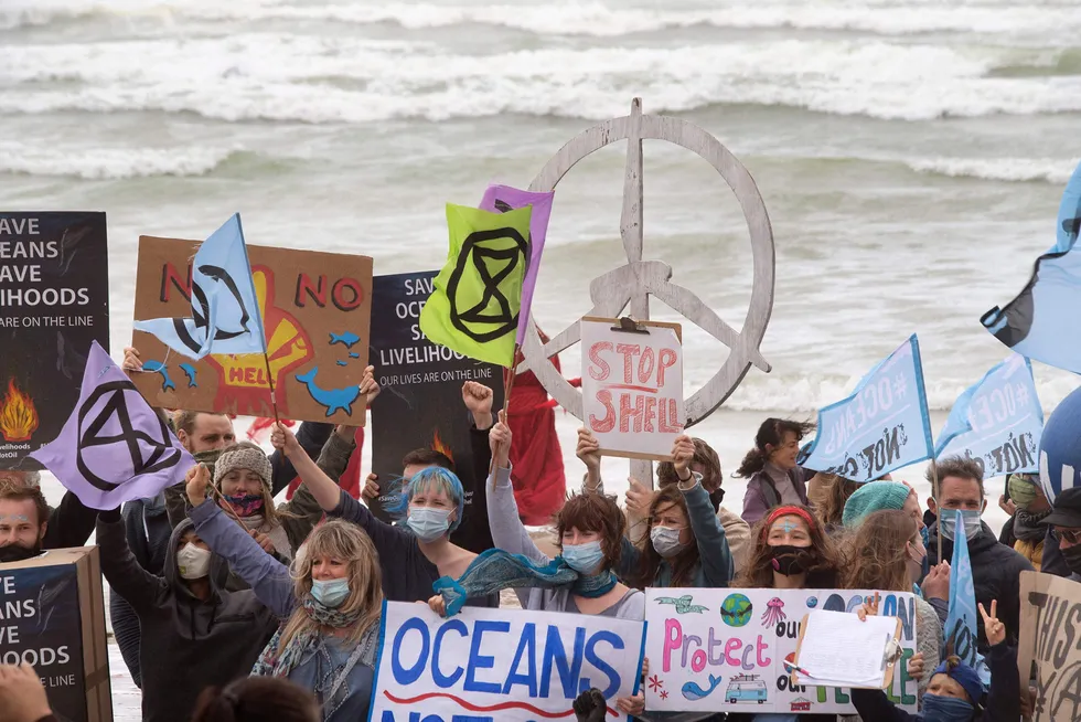 Inflated: protesters against Shell in South Africa — critics argue that Shell’s investments in cleaner energy amount to greenwashing.