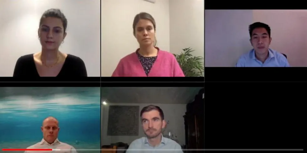 Top left clockwise: IntraFish Reporter Demi Korban; Fynd Ocean Ventures Founder Maren Hjorth Bauer; Bryton Shang, Founder and CEO of Aquabyte; Nutreco Director of Venturing, Joost Matthijssen; and Aker Biomarine CEO Matts Johansen.