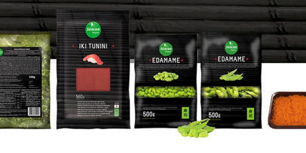 The Seacon Vegan product range comprises Iki Tunini and Iki Masagi, alongside edamame (soybeans) and wakame (seaweed salad).
