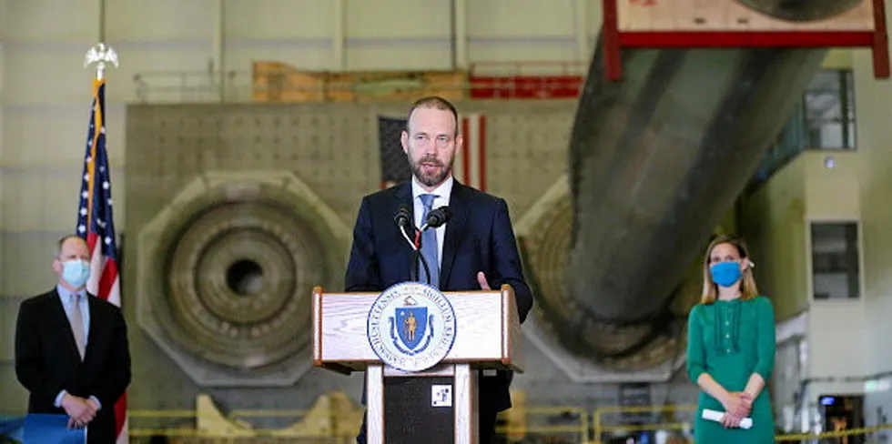 Vineyard Wind CEO Lars Pedersen speaks at a press conference.