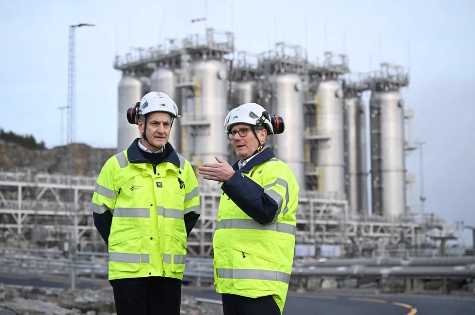 Norwegian Prime Minister Jonas Gahr Store (loeft) and UK Prime Minister Keir Starmer tour the Northern Lights CCUS Plant in Bergen, Norway.