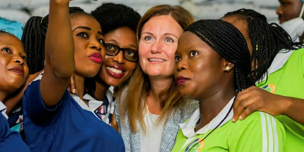 Skretting CEO Therese Log Bergjord and a team from Skretting's organization in Nigeria in 2018.