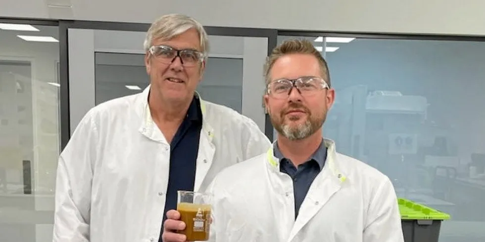 Biomar Factory Manager Drew McGowan with Tom Fox-Smith, technical director with AlgalPrimeDHA.