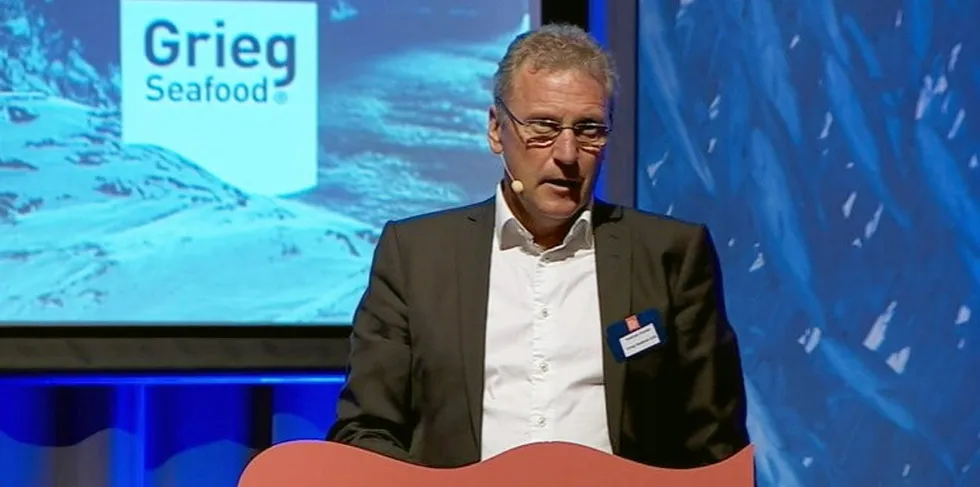 Grieg Seafood CEO Andreas Kvame at the North Atlantic Seafood Forum last year, touting the company's growth plans.