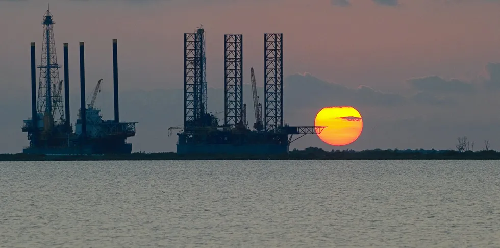 Two under construction offshore oil platform rigs in Port Fourchon, Louisiana