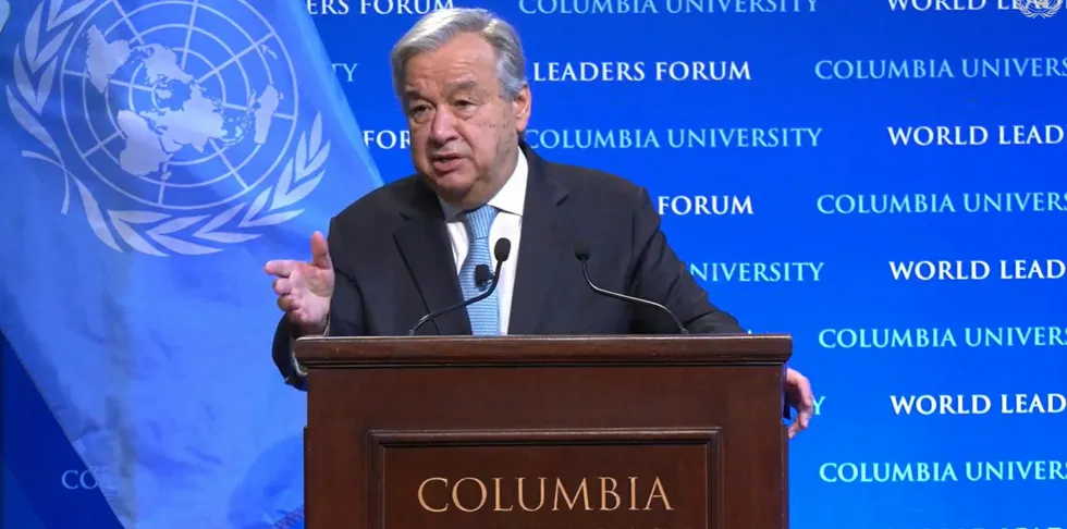 UN secretary-general António Guterres speaking at Columbia University on Wednesday.