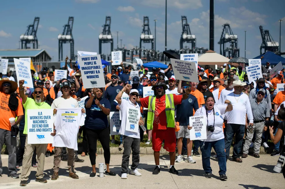 Dockworkers gather at the Bayport Container Terminal in Seabrook, Texas, on Oct. 1, 2024.