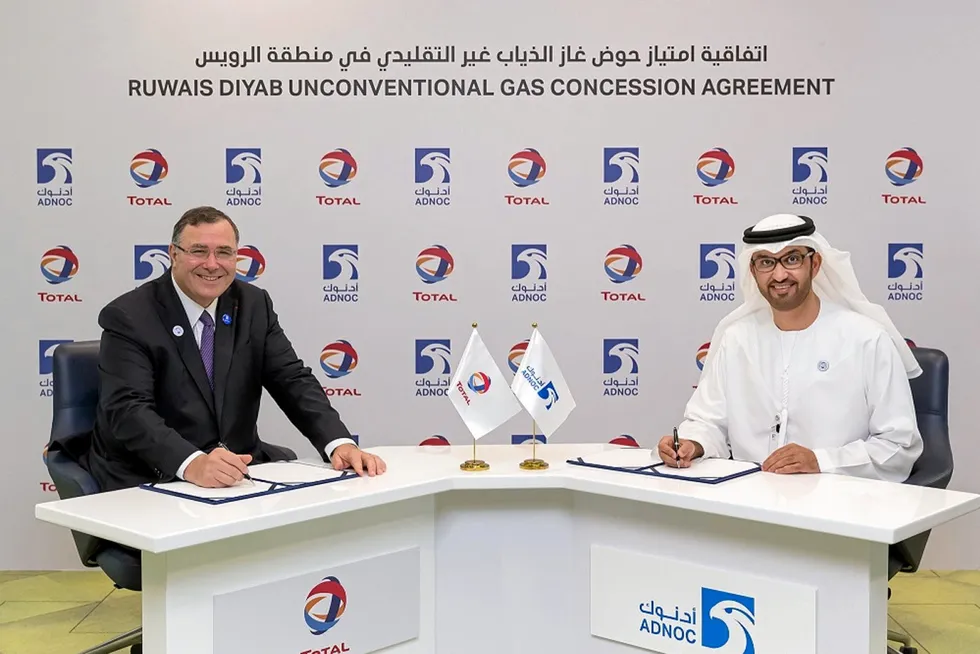 New agreement: TotalEnergies chief executive Patrick Pouyanne and Adnoc chief executive Ahmed al Jaber at a previous signing event