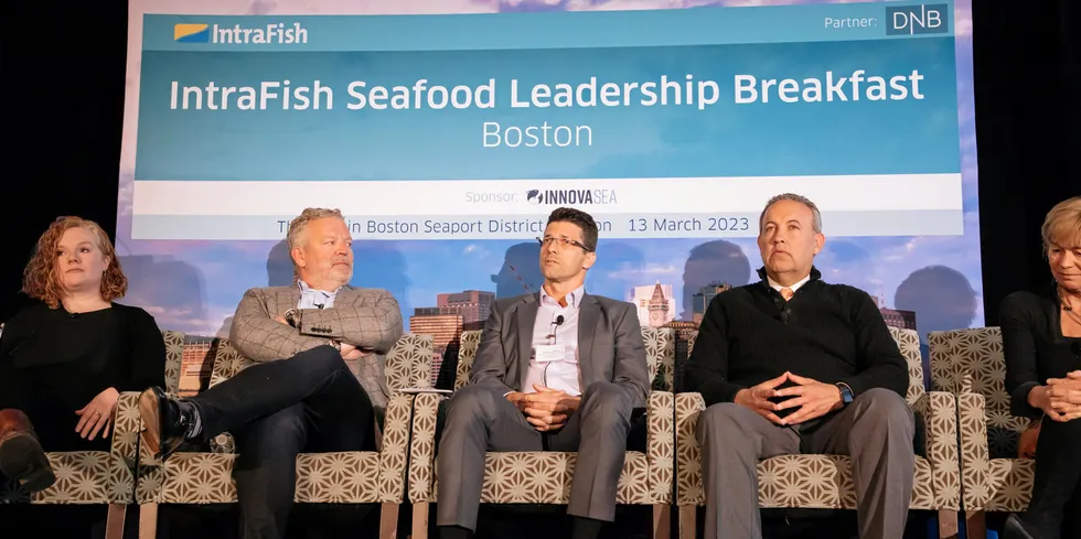From left to right, Cora Campbell, CEO of Alaska processor Silver Bay Seafoods; Einar Gustafsson, CEO of Alaska pollock harvesting group American Seafoods; Sidney Azambuja, director of strategic sourcing at Red Lobster; Travis Larkin, president & CEO and Seafood Exchange; and Anne Hvistendahl, global head of seafood at DNB.
