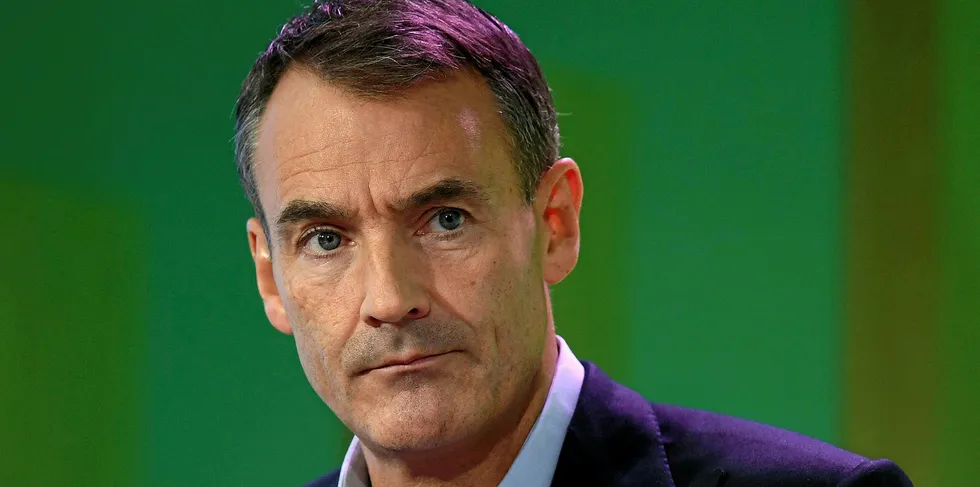 BP CEO Bernard Looney speaks during an event in London on February 12, 2020, where he declared the company's intentions to achieve "net zero" carbon emissions by 2050.