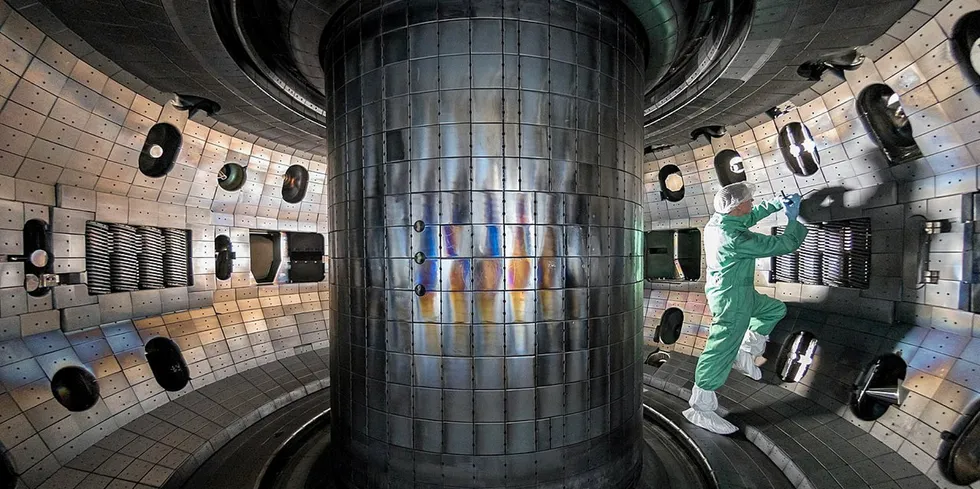 A worker inside a tokamak at the General Atomics research facility in San Diego, California.