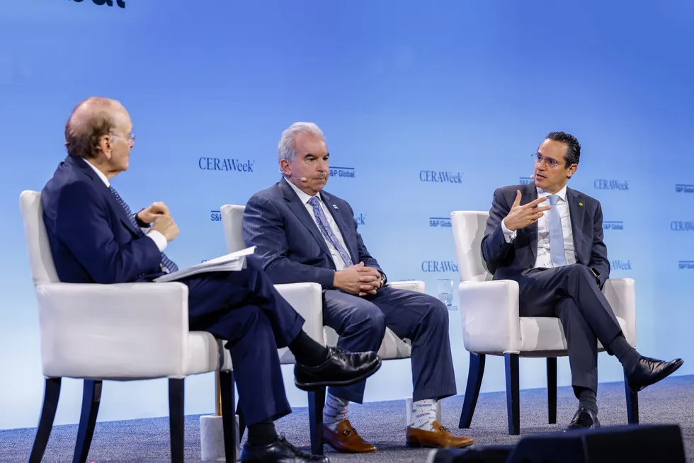 Shell chief executive Wael Sawan, right, answers a question from S&P Global vice chair Daniel Yergin, left, as Cheniere chief executive Jack Fusco, centre, listens during a session at the CERAWeek by S&P Global energy conference in Houston, Texas, US on Monday, 10 March 2025.