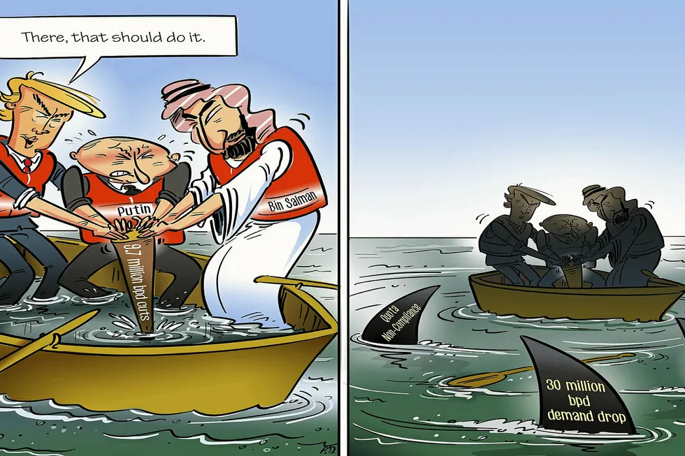 Mind the gap: Opec+ producers may have reached a historic deal to knock millions of barrels a day off production, but the oil market remains in dangerous waters as supply vastly outstrips demand.