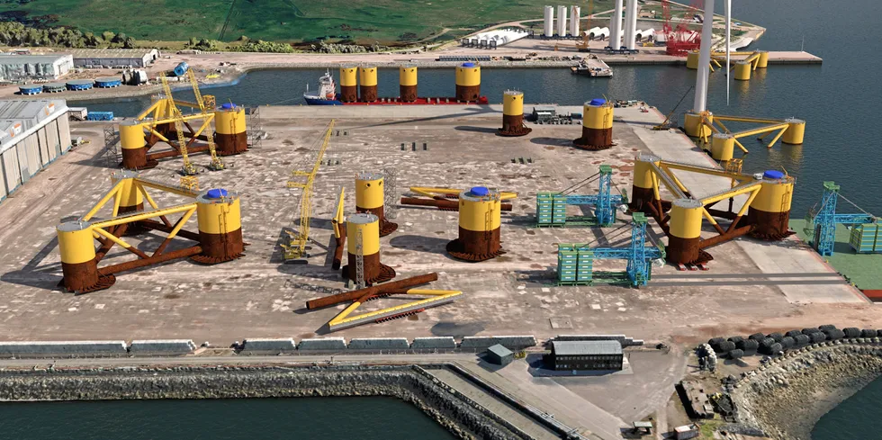 Principle Power's WindFloat T design in fabrication scenario with Nigg facility in Scotland.