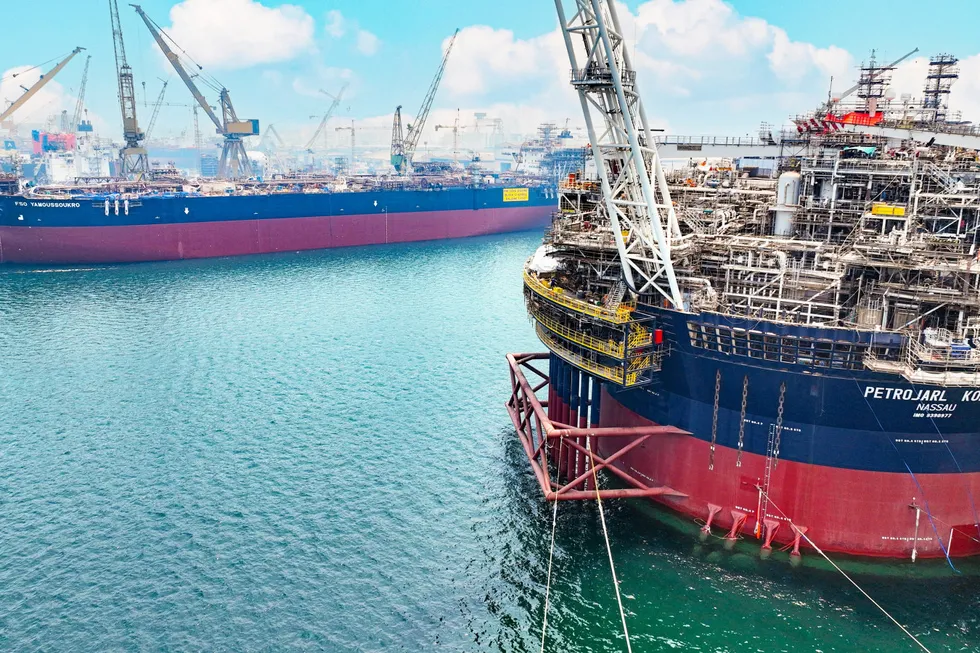 Altera's Petrojarl Kong FPSO (foreground) and the FSO Yamoussoukro at Drydocks World in Dubai.