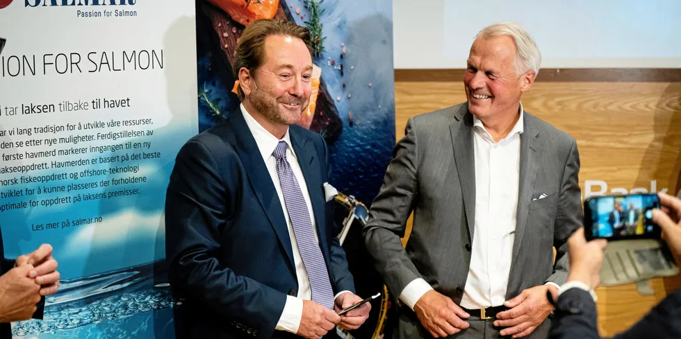 Offshore Farm 1 is a joint venture established in 2021 between SalMar, headed by CEO Gustav Witzoe, (right) and Kjell Inge Rokke-owned Aker,