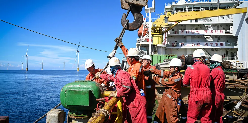 Aerial view of the construction site of an offshore wind farm by China Three Gorges Renewables.