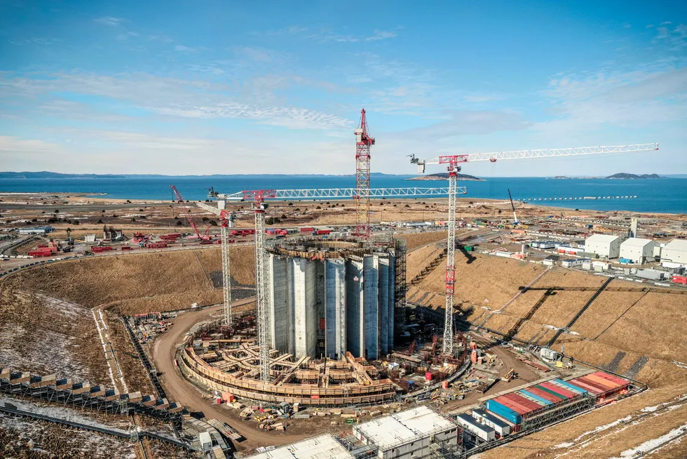 Stalled: Husky Energy's West White Rose concrete gravity structure under construction in March 2019 at a purpose built graving dock in Argentia, Newfoundland & Labrador, Canada.