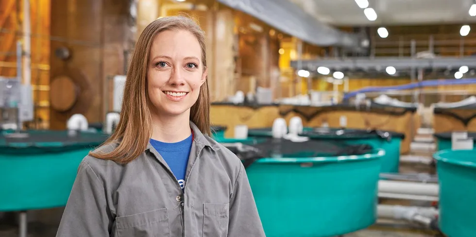 Tess Bowyer, an AquaBounty hatchery manager, is helping to harvest the first GM salmon to ever hit the US market.
