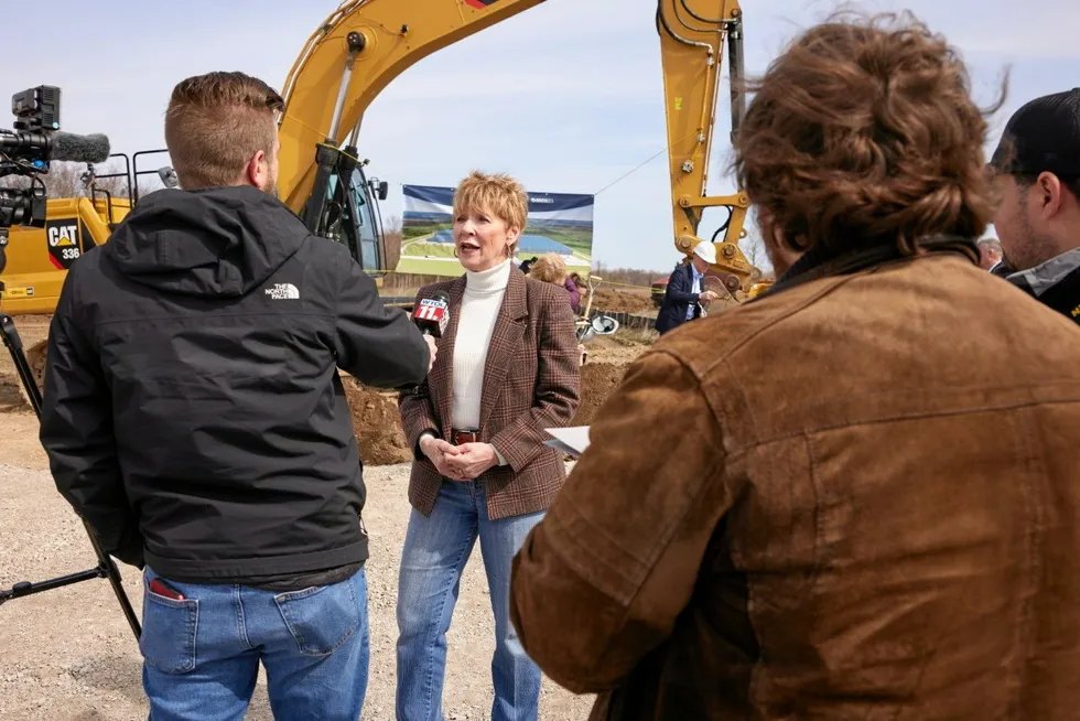 Former AquaBounty CEO Sylvia Wulf at the company's ground-breaking for its 10,000 metric-ton facility in Pioneer, Ohio.