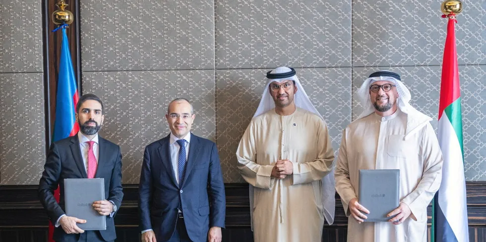 Signed and sealed (left to right): Rovshan Najaf, president of Socar; Mikayil Jabbarov, Azerbaijan's minister of economy; Sultan Ahmed Al Jaber, UAE minister of industry and advanced technology; and Mohamed Jameel Al Ramahi, CEO of Masdar