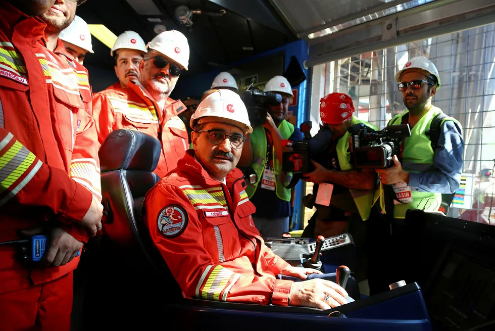 Turkish Energy Minister Fatih Donmez is seen on board the drilling vessel Fatih off the Mediterranean resort city of Antalya, Turkey October 30, 2018. REUTERS/Kaan Soyturk