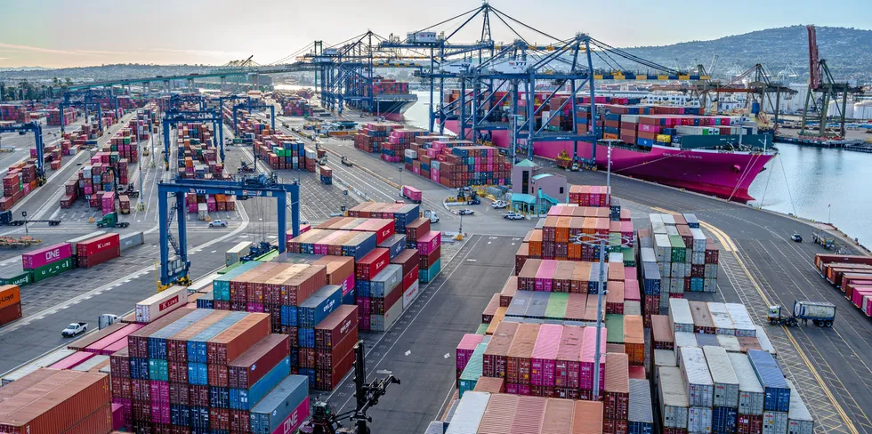 Container ship freight rates hit record highs for months as boxships waited for weeks at anchor for berths at major ports such as the Port of Los Angeles, seen here, These rates should return to normal as port congestion eases worldwide, an analyst says.