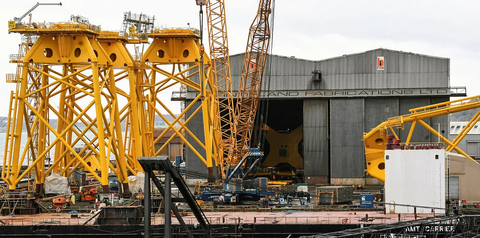Wind turbine jackets under fabrication at BiFab's Burntisland yard