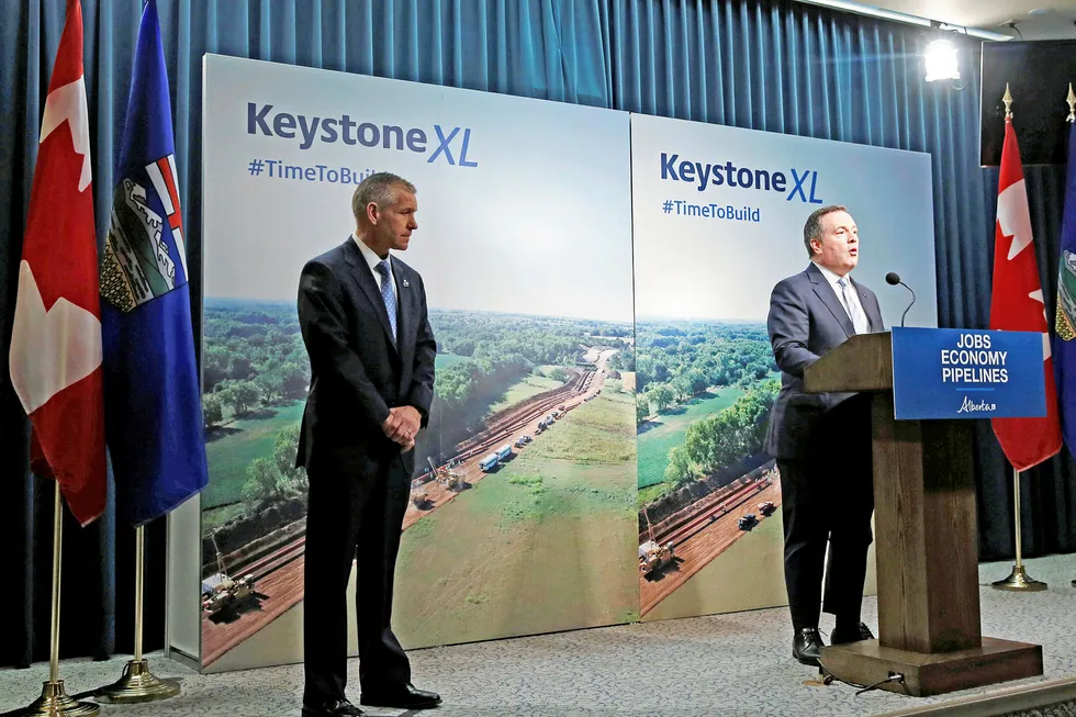 Partnership: TC Energy chief execurtive Russ Girling (left) and Alberta Premier Jason Kenney deliver joint statement on Keystone XL