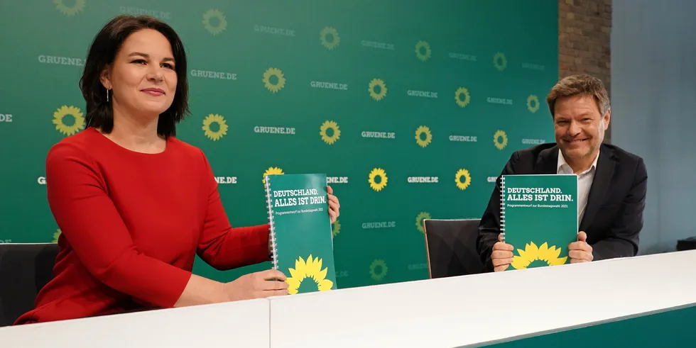 German Green Party co-leaders Annalena Baerbock and Rogert Habeck when presenting their election programme in March