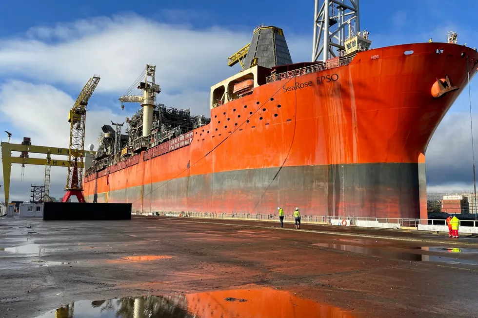 The SeaRose FPSO docked at Harland & Wolff shipyard in the UK in 2024 for upgrade work.