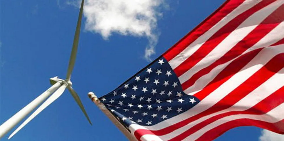 US flag at onshore wind farm