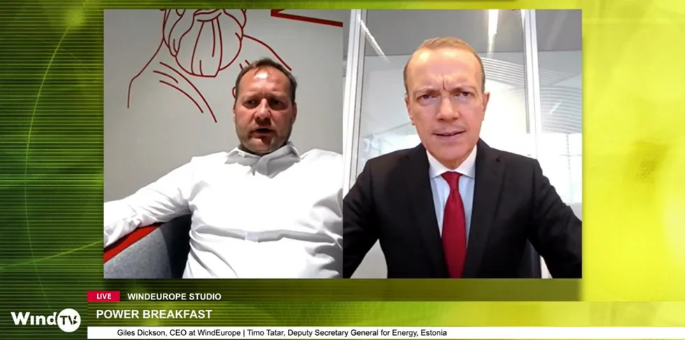 Timo Tatar, left, speaking to WindEurope boss Giles Dickson on WindTV at WindEnergy Hamburg.