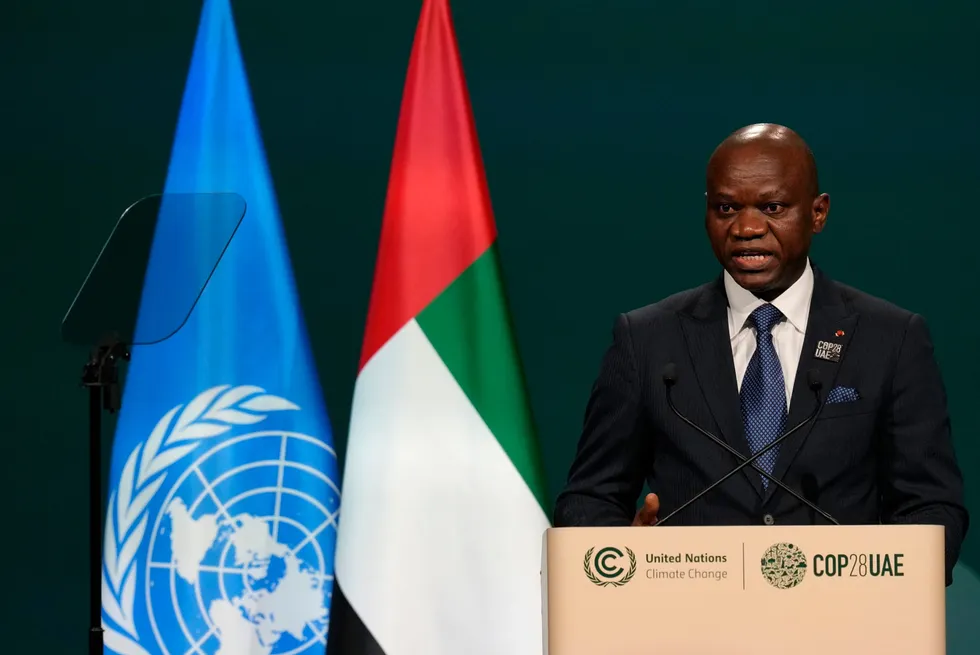 Gabon President Brice Clotaire Oligui Nguema speaks at COP28 in Dubai last year.