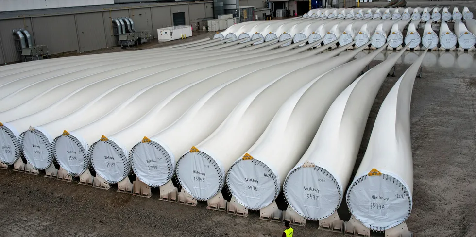 Siemens Gamesa blades await delivery from its Iowa plant in 2014.