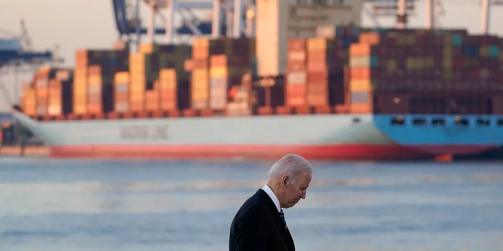 President Joe Biden departs after speaking during a visit at the Port of Baltimore on Nov. 10 to tout an infrastructure spending bill that he signed five days later.