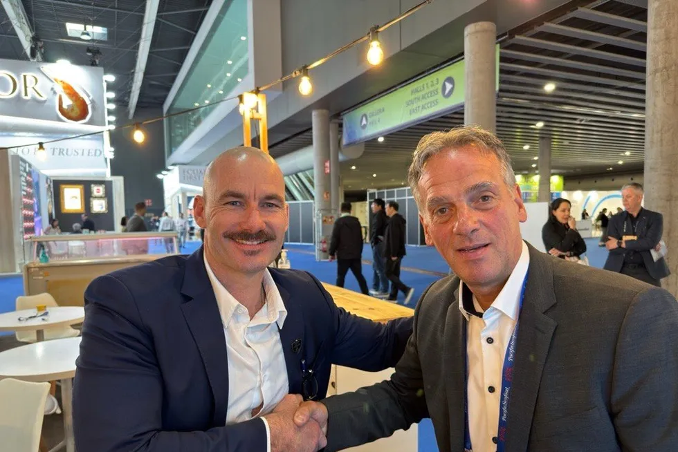 Ashton Meier, vice president of resource sales and processing at Pacific Seafood (left), with Stephan Kleemeyer, Pacific Seafood Europe managing director.
