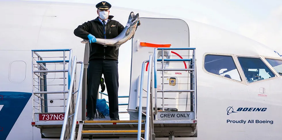 Alaska Airlines Captain Brent Carricaburu in 2021 showcasing the first Copper River salmon caught by Trident Seafoods. The first fish weighed 33 pounds.