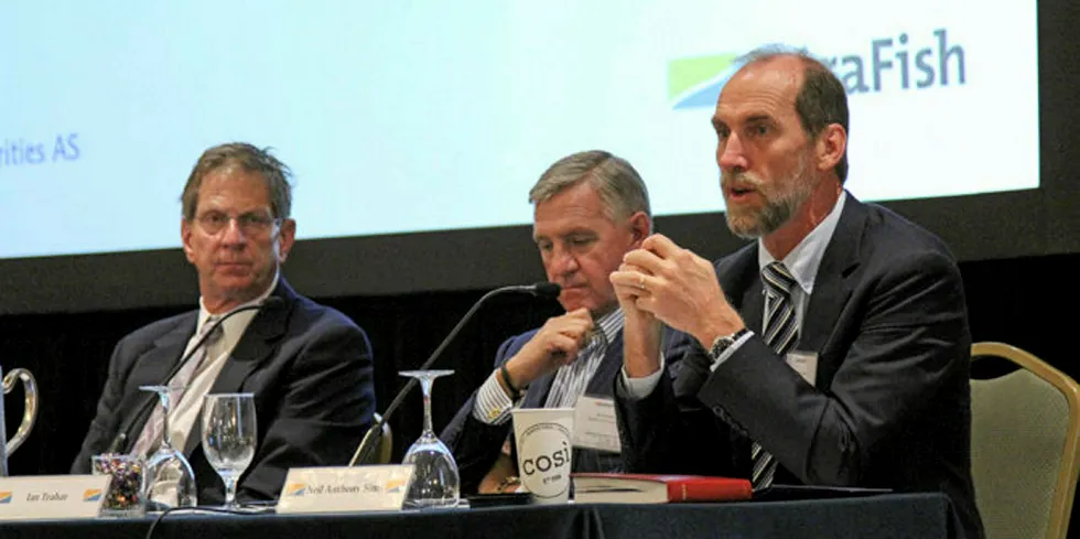 Neil Anthony Sims (far right) with ex-Verlasso director Scott Nichols and Seafarms Group Chairman Ian Trahar, at an IntraFish Investor Forum.