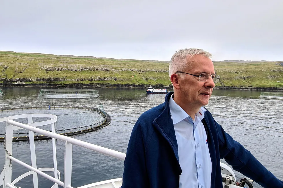 Bakkafrost CEO Regin Jacobsen at one of the company's Faroes farm sites (the farm pictured is not the farm affected by the disease outbreak).