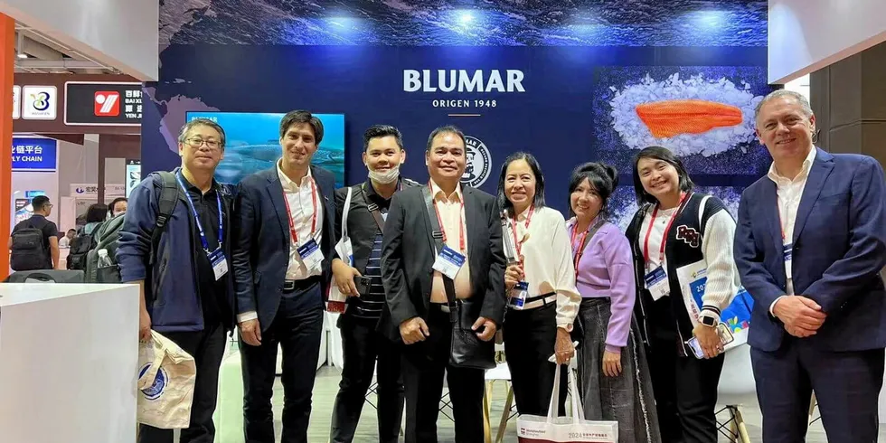 Blumar Sales and Commercial Director Daniel Montoya (far right) pictured at the China Fisheries and Seafood 2023 trade fair in Qingdao, China, is overseeing the export drive.