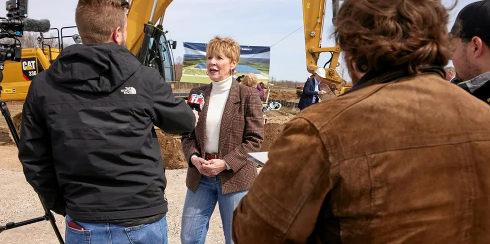AquaBounty CEO Sylvia Wulf at the company's ground-breaking for its 10,000 metric-ton facility in Pioneer, Ohio on April 20.