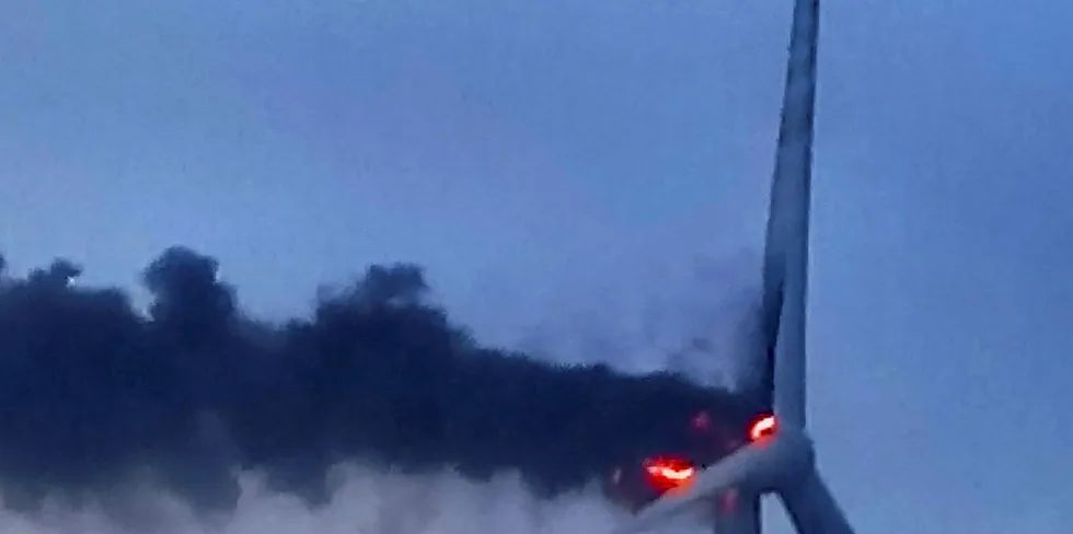 A prototype MHI Vestas V164-8.0 turbine on fire at Osterild, Denmark.